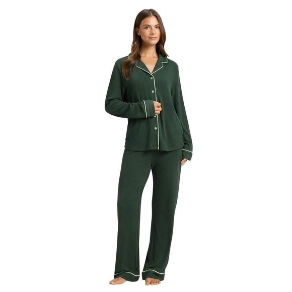 Cozy Earth Women's Bamboo Rib-Knit Classic Long Sleeve Pajama Set Spruce Lg NEW